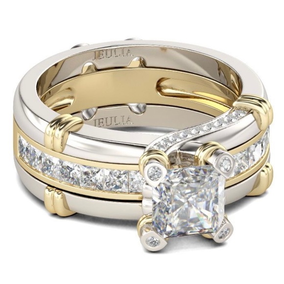 ❤️JEULIA TWO TONE ROUND CUT STERLING SILVER RING SET❤️ NIB